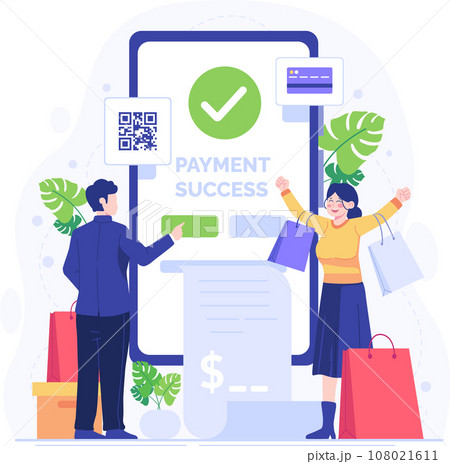 Online shopping concept vector illustration in flat style. Online payment, mobile phone, shopping bags. Order goods and get them fast and easy. Vector illustration. 108021611