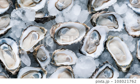 Fresh opened oyster offered as top view on crushed ice 108021762
