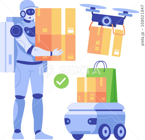 Delivery robot with drone and cardboard boxes. Delivery service concept. Social networking and online communication concept. Vector illustration Delivery robot with drone and cardboard boxes. Delivery service concept. Social networking and online communication concept. Vector illustration 108021847