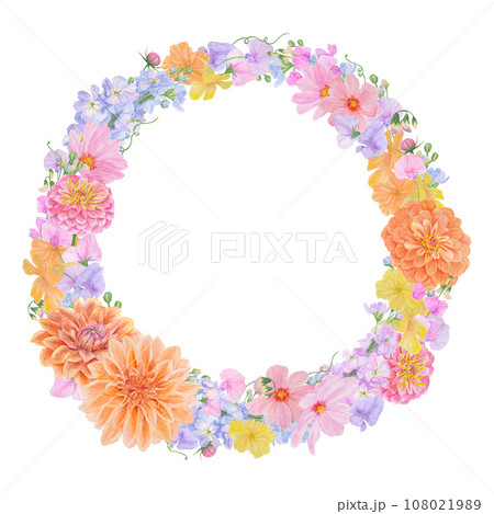 Watercolor botanical colourful round frame of summer and autumn flowers: dahlia, zinnia, lathyrus, gillyflower, nasturtium, cosmos. Good for wedding print products, paper, invitations, greetings 108021989