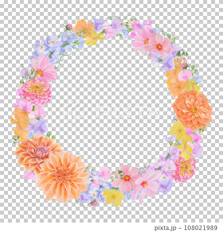 Watercolor botanical colourful round frame of summer and autumn flowers: dahlia, zinnia, lathyrus, gillyflower, nasturtium, cosmos. Good for wedding print products, paper, invitations, greetings 108021989