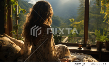 Woman enjoys sunrise in a country house or hotel staying with open hands near panoramic windows 108022933