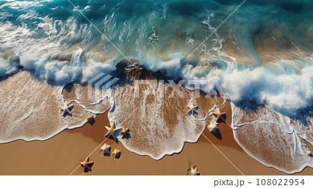 Sea sand with starfish and seashells. Top view with copy space. Summer beach Sea sand with starfish and seashells. Top view with copy space. Summer beach 108022954