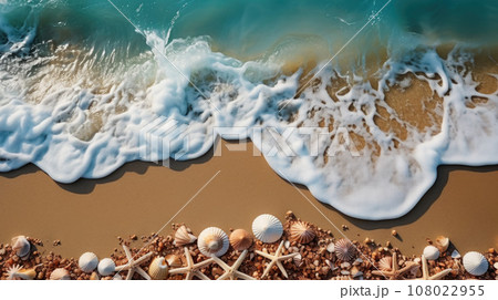 Sea sand with starfish and seashells. Top view with copy space. Summer beach Sea sand with starfish and seashells. Top view with copy space. Summer beach 108022955
