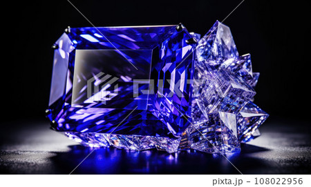 tanzanite (violet zoisite) crystal on black background. macro detail texture background. close-up raw rough unpolished semi-precious gemstone tanzanite (violet zoisite) crystal on black background. macro detail texture background. close-up raw rough unpolished semi-precious gemstone 108022956