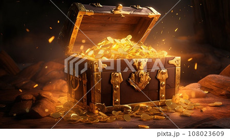 Wooden, shining treasure chest with piece of gold 108023609