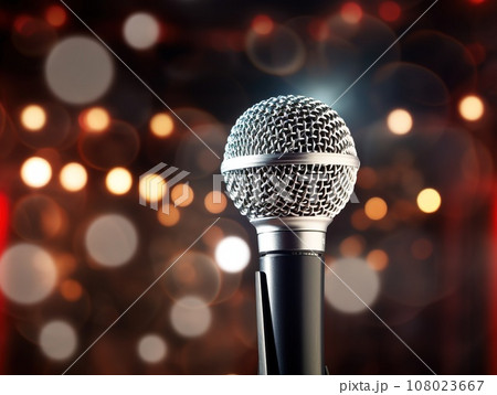 Detail to microphone on the stage with glowing blurred background 108023667