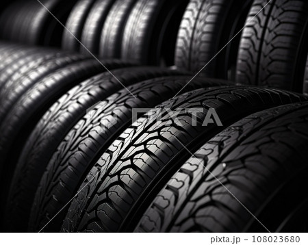 Detail to new tires in the car service, changing summer and winter tires, transportation concept 108023680