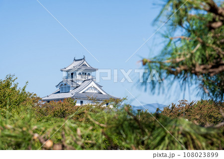快晴の青空と琵琶湖湖畔にそびえる長浜城歴史博物館方面の風景｜豊公園より撮影｜滋賀県長浜市 108023899