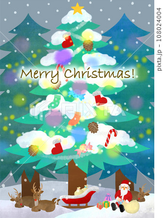クリスマス素材　雪の積もったツリーの下　サンタクロースと赤鼻のトナカイ　文字入り 108024004