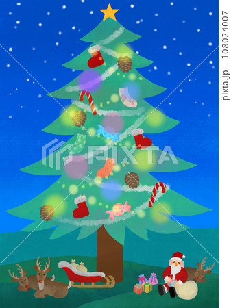 クリスマス素材　ツリーの下のサンタクロースと赤鼻のトナカイ 108024007