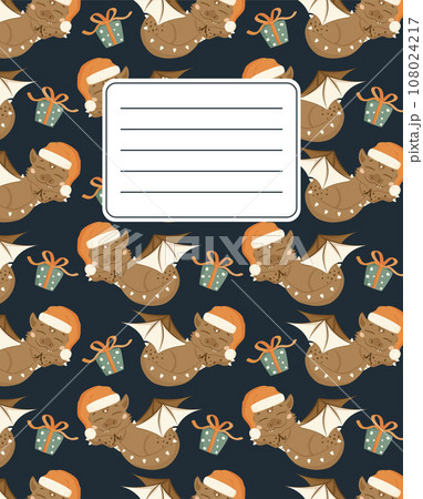 Design of covers for notebooks, planners with the image of a sleeping dragon in a Santa Claus hat. A small dinosaur. Vector illustration in cartoon style. 108024217