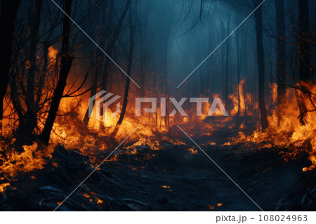Forest fire. Flames of fire raging among the trees. Generative Ai. 108024963