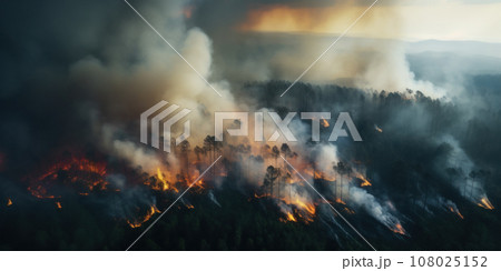 Forest fire top view. Tongues of flame rage among the trees, raising clouds of smoke. Generative Ai. 108025152