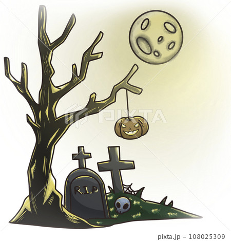 Halloween tree with cemetery and moon Halloween tree with cemetery and moon 108025309