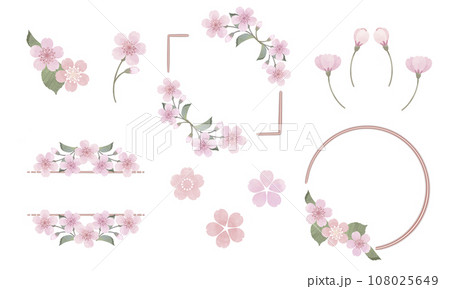 水彩風な桜のくすみカラーのフレームセット(文字なし) 108025649