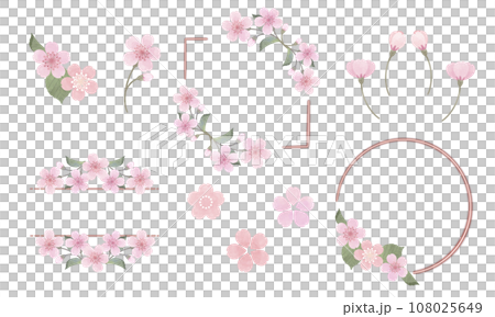 水彩風な桜のくすみカラーのフレームセット(文字なし) 108025649