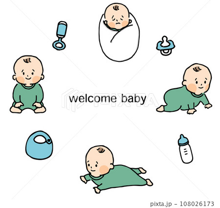 ベビー服を着た赤ちゃんのイラストセット(文字あり) ベビー服を着た赤ちゃんのイラストセット(文字あり) 108026173