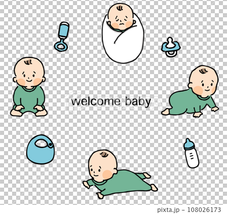 ベビー服を着た赤ちゃんのイラストセット(文字あり) ベビー服を着た赤ちゃんのイラストセット(文字あり) 108026173