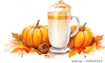 Traditional autumn pumpkin spiced latter isolated on white, watercolor 108026203