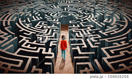 Child is facing a surreal complicated labyrinth ahead of him, concept of a life path 108026208