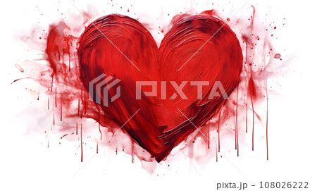 Drawing of a red heart for St. Valentine with splashes of paint on white background 108026222
