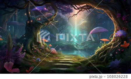 Magical fairy fantasy wood, large trees, flowers and mushrooms, late at night Magical fairy fantasy wood, large trees, flowers and mushrooms, late at night 108026228