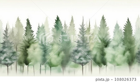 Seamless pattern with foggy spruce forest. Fir trees isolated on white background. 108026373