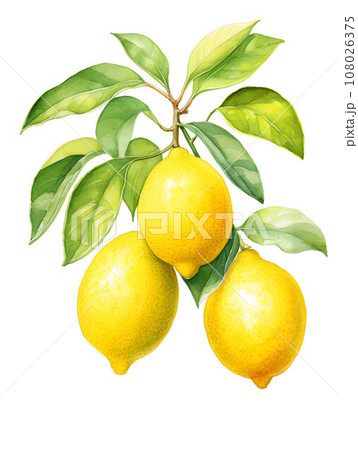 Watercolor lemon fruits on a branch with green leaves isolated on white background 108026375