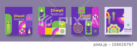 Social media post template for Diwali celebration. Colorful geometric poster in minimalist style. Vector Social media post template for Diwali celebration. Colorful geometric poster in minimalist style. Vector 108026767