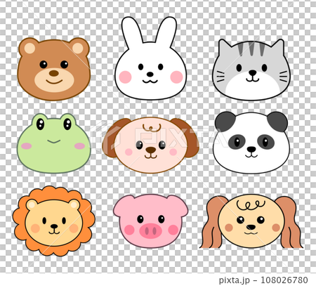 Cute animals face cartoon. Bear, dog, cat, frog, rabbit, pig, lion, panda for icon, avatar, element and illustration 108026780