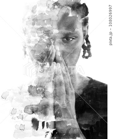 A black and white paintography portrait of a man holding hands to his face A black and white paintography portrait of a man holding hands to his face 108026997