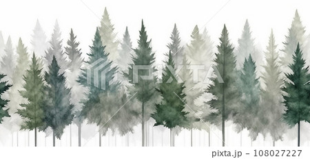 Seamless pattern with foggy spruce forest. Fir trees isolated on white background. 108027227