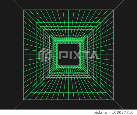Cyber grid, retro punk perspective rectangular tunnel. Grid geometry tunnel, y2k element style on black background. Vector trendy illustration. 108027716