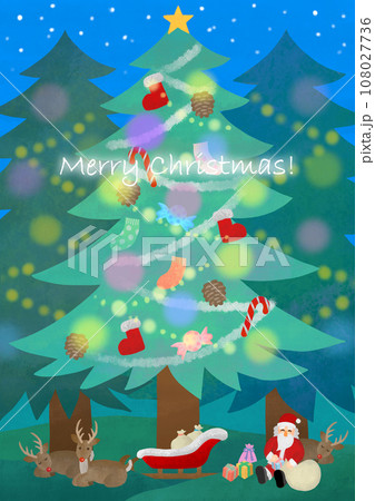 クリスマス素材 ツリーの下のサンタクロースと赤鼻のトナカイ 文字入り クリスマス素材 ツリーの下のサンタクロースと赤鼻のトナカイ 文字入り 108027736