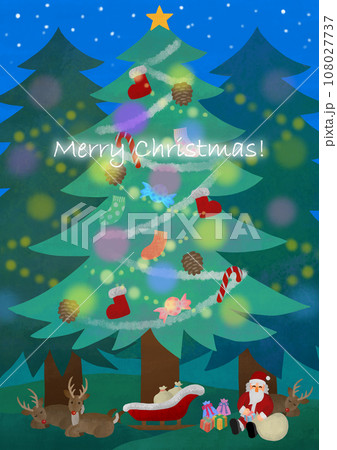 クリスマス素材 ツリーの下のサンタクロースと赤鼻のトナカイ 文字入り クリスマス素材 ツリーの下のサンタクロースと赤鼻のトナカイ 文字入り 108027737