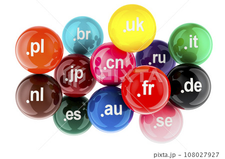 Colored balls with country code top level domain names, 3D rendering Colored balls with country code top level domain names, 3D rendering 108027927