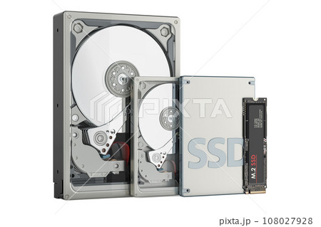 Solid state drive SSD, Hard Disk Drive HDD 3.5 inch, HDD 2.5 inch for laptop and M2 SSD, 3D rendering 108027928