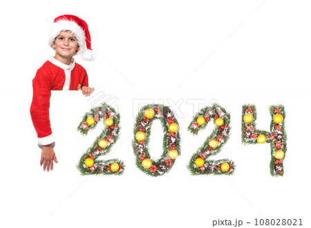 Santa Claus holds christmas poster and 2024 number Santa Claus holds christmas poster and 2024 number 108028021