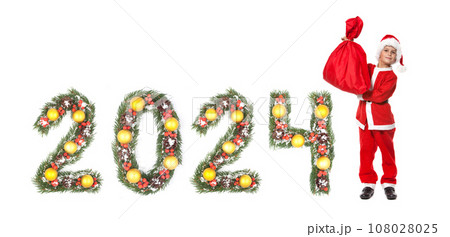 Santa Claus holds sack and 2024 number Santa Claus holds sack and 2024 number 108028025