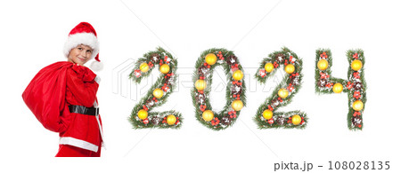 Santa Claus holds sack and 2024 number 108028135