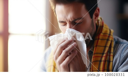 Sick man suffers from runny nose. Generative AI 108028331