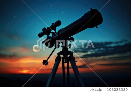 Telescope silhouette against night sky background. Generative AI Telescope silhouette against night sky background. Generative AI 108028389