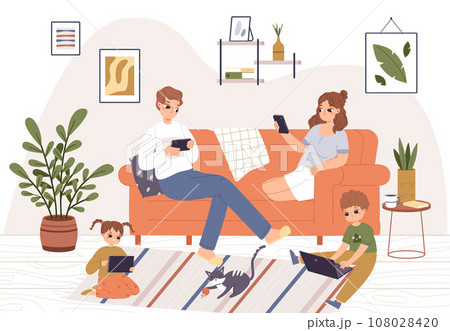 Family using gadgets at home. Evening in living room, adults and kids social media and internet addiction. People chatting and studying snugly vector scene 108028420