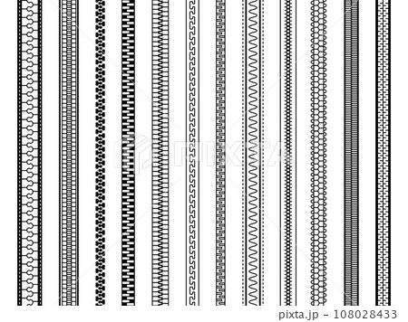 Zipper seamless set. Different zippers brush elements, tailor and clothing industry accessories. Fasteners patterns, decent vector flat set Zipper seamless set. Different zippers brush elements, tailor and clothing industry accessories. Fasteners patterns, decent vector flat set 108028433