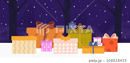 Gift concept. Christmas, valentines day presents boxes with bows on snowy landscape. Decorative gifting elements, vector cartoon holiday banner Gift concept. Christmas, valentines day presents boxes with bows on snowy landscape. Decorative gifting elements, vector cartoon holiday banner 108028435