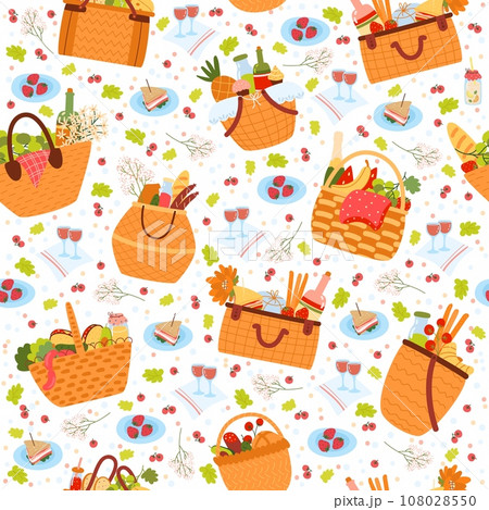 Seamless pattern with elements of outdoor recreation. Baskets with food. Decor picnic textile, wrapping paper, wallpaper design. Print for fabric. Cartoon flat isolated vector concept 108028550