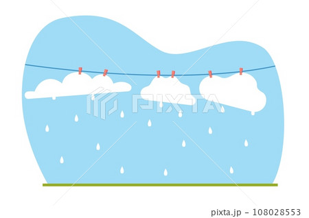 Pure white clouds hanging on clothesline. Rainy weather. Rain drops falling, blue sky. Meteorology sign, different season, climate control. Cartoon flat style isolated vector concept Pure white clouds hanging on clothesline. Rainy weather. Rain drops falling, blue sky. Meteorology sign, different season, climate control. Cartoon flat style isolated vector concept 108028553