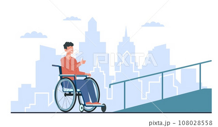 Man in wheelchair rejoices at presence of ramp. Comfortable urban environment for disability people. Accessibility and inclusivity. Access building cartoon flat isolated vector concept Man in wheelchair rejoices at presence of ramp. Comfortable urban environment for disability people. Accessibility and inclusivity. Access building cartoon flat isolated vector concept 108028558