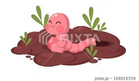 Little worm crawled out of hole in ground. Cute earthworm with growth plant, funny mascot, soil crawler. Farming and agriculture. Rainworm illustration. Cartoon flat isolated vector concept Little worm crawled out of hole in ground. Cute earthworm with growth plant, funny mascot, soil crawler. Farming and agriculture. Rainworm illustration. Cartoon flat isolated vector concept 108028559
